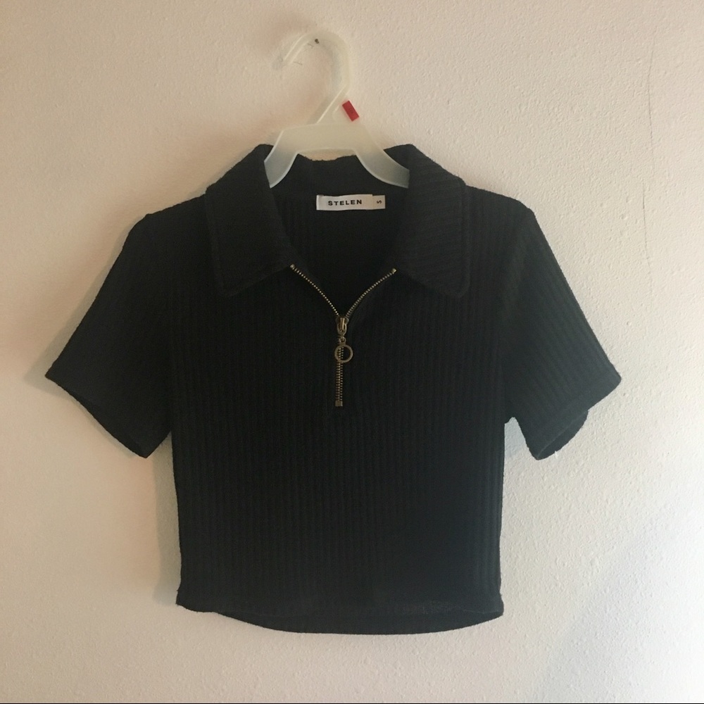 Black Crop Top with Collar and Zip